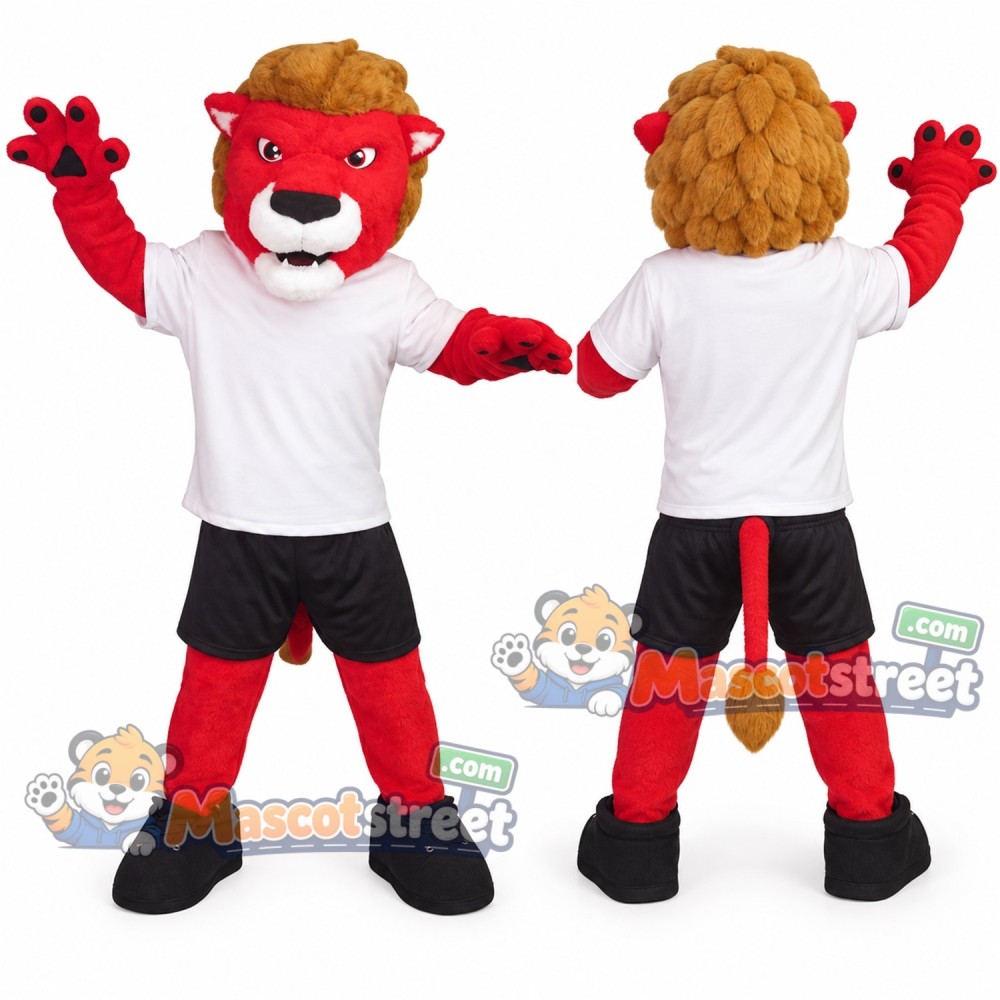 Red Lion Mascot Costume with White Shirt and Black Shorts Red Lion Mascot Costume with White Shirt and Black Shorts