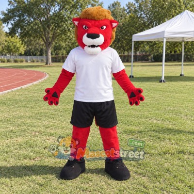 Red Lion Mascot Costume with White Shirt and Black Shorts Red Lion Mascot Costume with White Shirt and Black Shorts