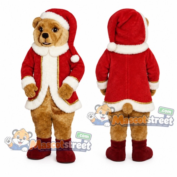 Brown Christmas Bear Mascot Costume with Red Santa Coat