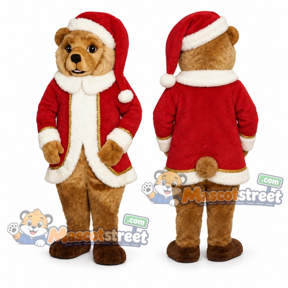 Brown Christmas Bear Mascot Costume with Red Santa Jacket and Hat Brown Christmas Bear Mascot Costume with Red Santa Jacket and Hat