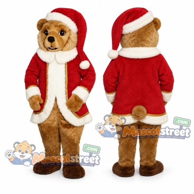 Brown Christmas Bear Mascot Costume with Red Santa Jacket and Hat Brown Christmas Bear Mascot Costume with Red Santa Jacket and Hat