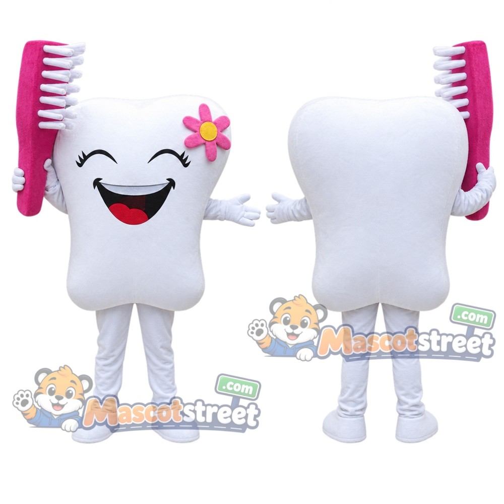 White Tooth Mascot Costume with Flower and Pink Toothbrush