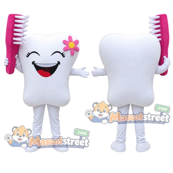 White Tooth Mascot Costume with Flower and Pink Toothbrush