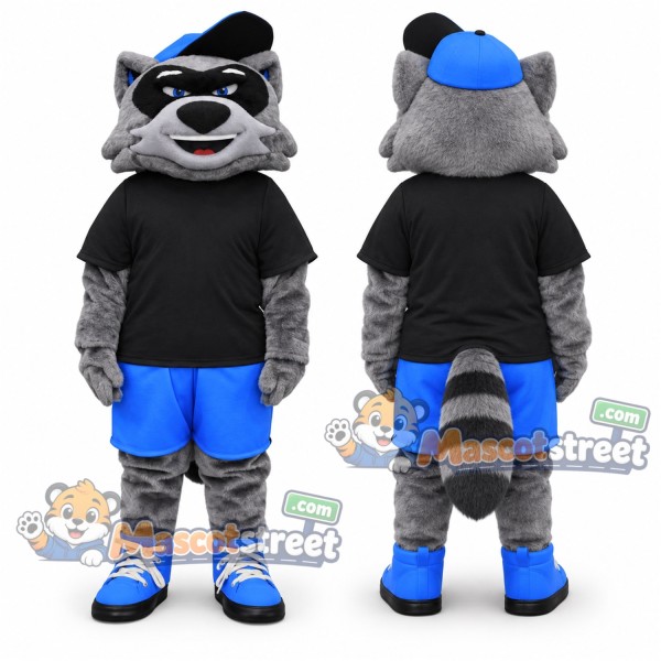 Gray Raccoon Mascot Costume with Black Shirt and Blue Shorts
