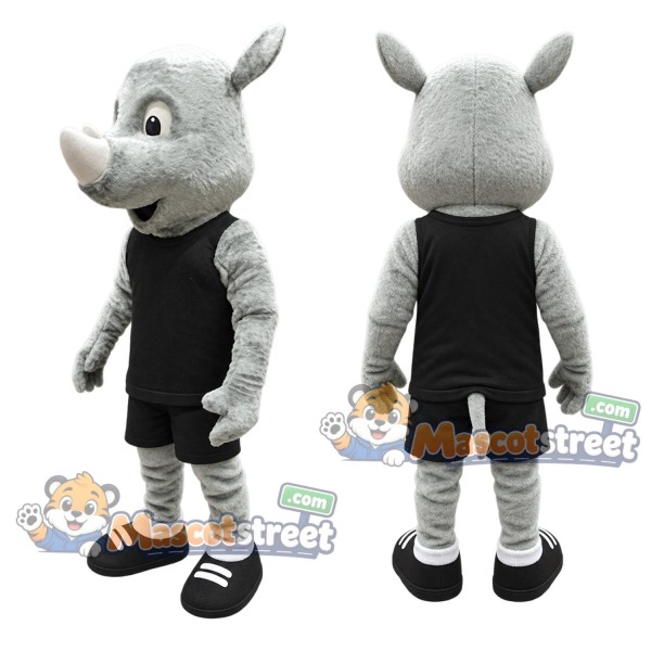 Gray Rhino Mascot Costume with Black Outfit