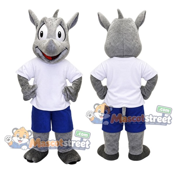 Gray Rhino Mascot Costume with White Shirt and Blue Shorts