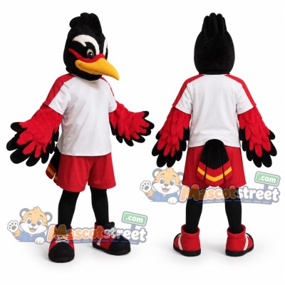 Black Bird Mascot Costume with White Shirt and Red Shorts Black Bird Mascot Costume with White Shirt and Red Shorts