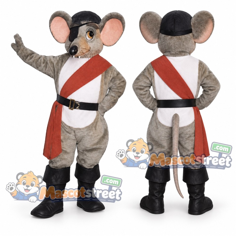Gray Rat Mascot Costume with Pirate Sash and Black Boots Gray Rat Mascot Costume with Pirate Sash and Black Boots