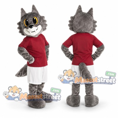 Gray Wolf Mascot Costume with Red Sports Shirt and White Shorts