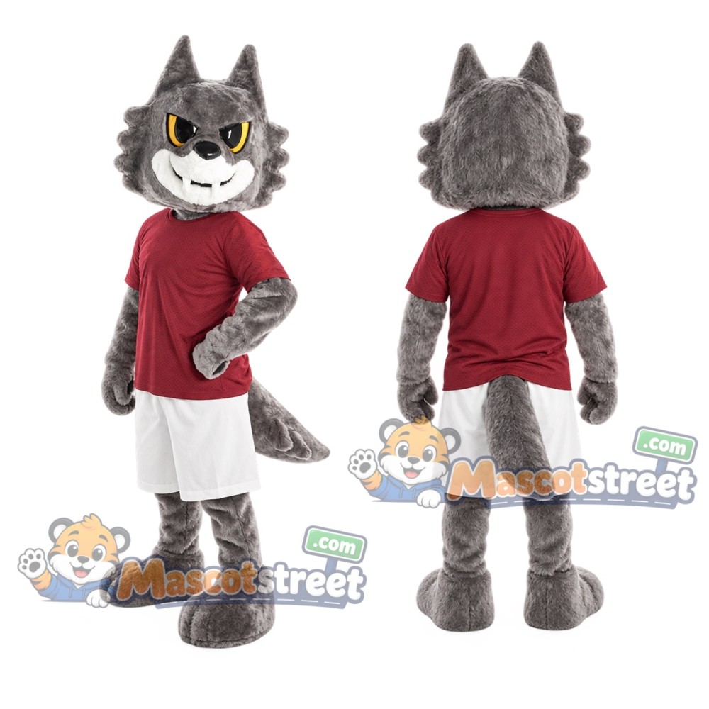Gray Wolf Mascot Costume with Burgundy Shirt
