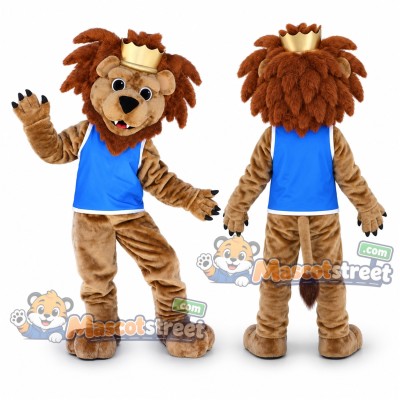 Lion Mascot Costume with Blue Sports Shirt and Crown Lion Mascot Costume with Blue Sports Shirt and Crown