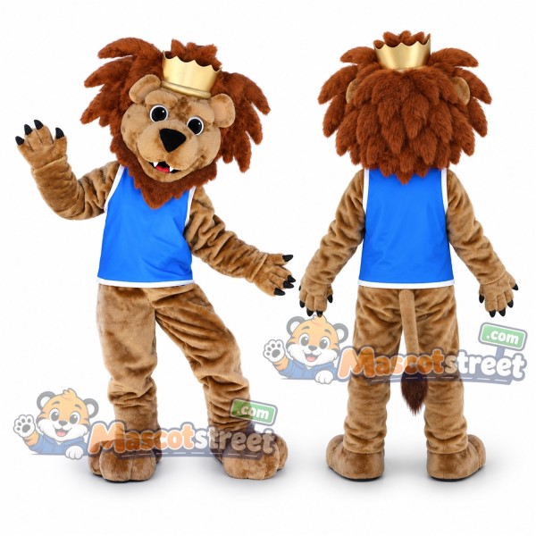 Lion Mascot Costume with Blue Sports Shirt and Crown
