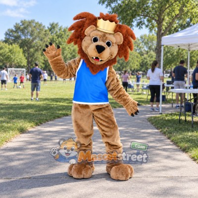 Lion Mascot Costume with Blue Sports Shirt and Crown Lion Mascot Costume with Blue Sports Shirt and Crown