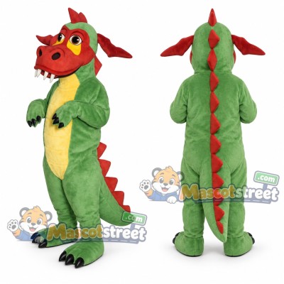 Green Dragon Mascot Costume with Red Head and Spines Green Dragon Mascot Costume with Red Head and Spines