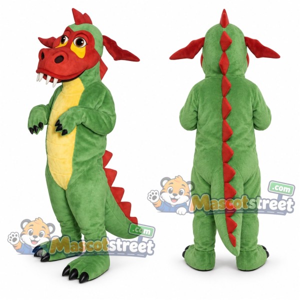 Green Dragon Mascot Costume with Red Head and Spines