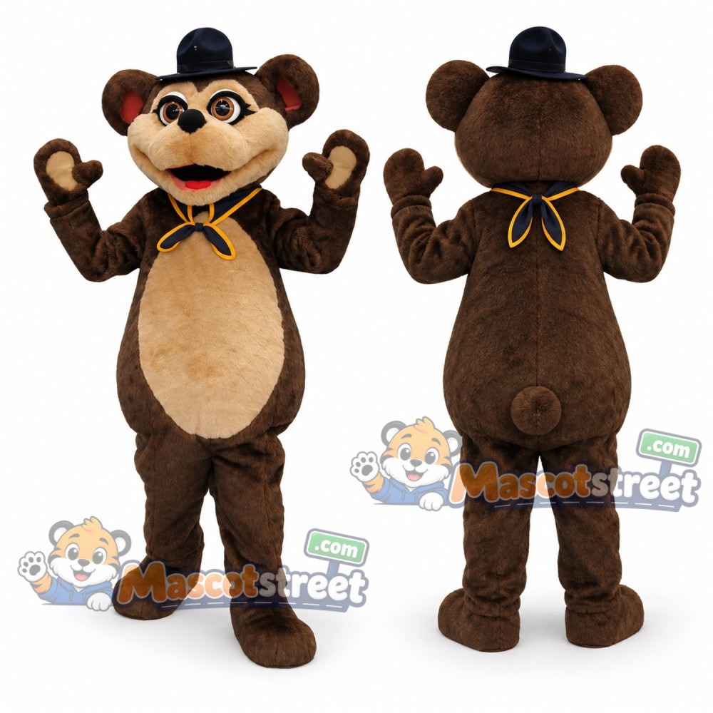 Brown Bear Mascot Costume with Black Hat and Yellow Neckerchief Brown Bear Mascot Costume with Black Hat and Yellow Neckerchief