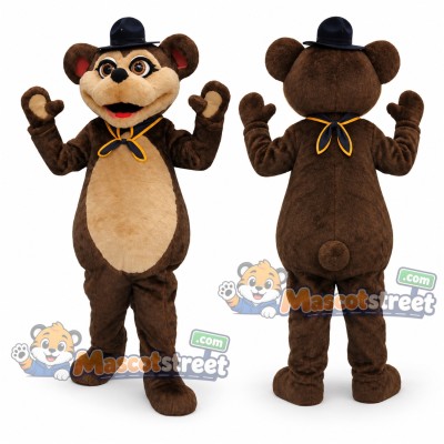 Brown Bear Mascot Costume with Black Hat and Yellow Neckerchief Brown Bear Mascot Costume with Black Hat and Yellow Neckerchief