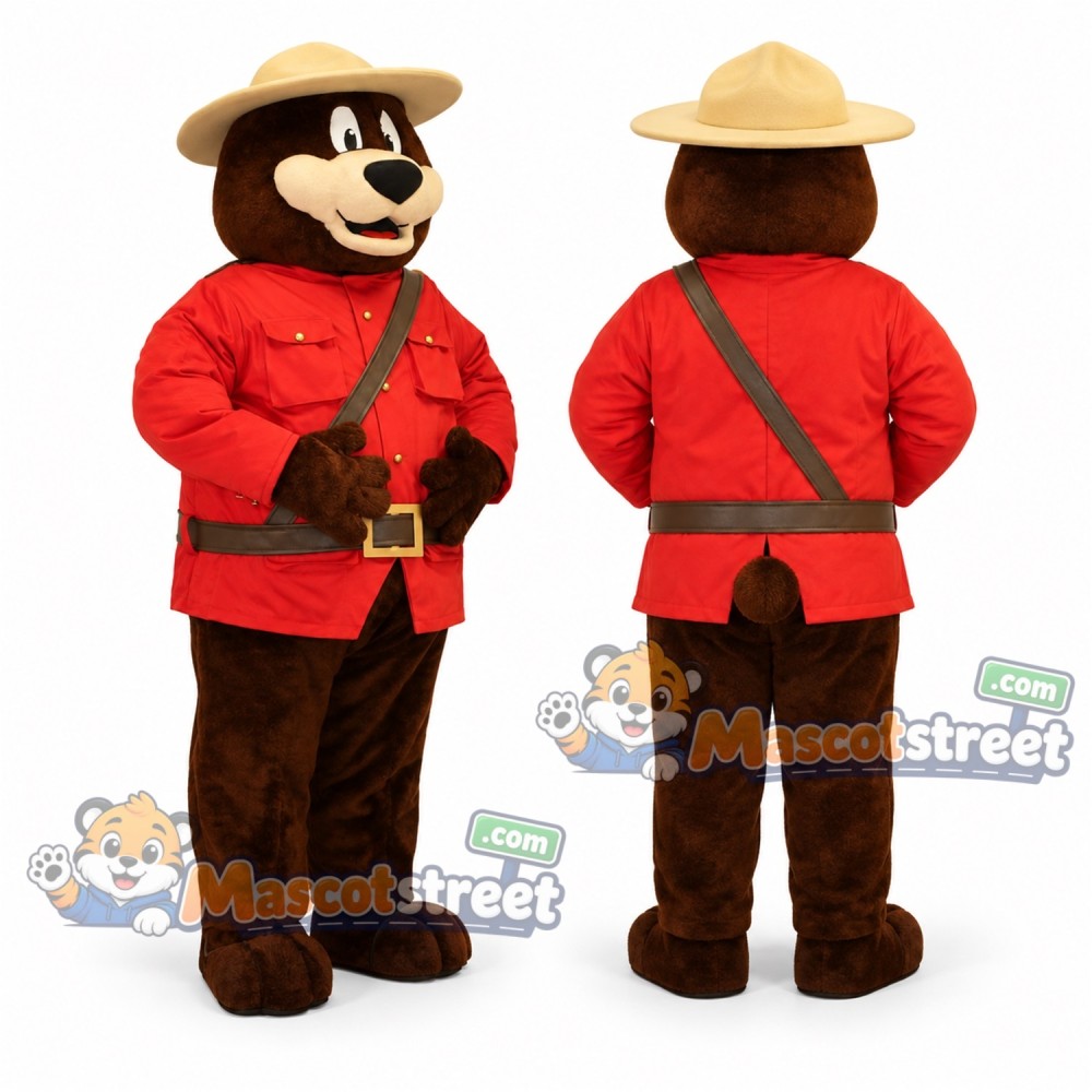 Brown Bear Mascot Costume with Red Ranger Jacket and Tan Hat Brown Bear Mascot Costume with Red Ranger Jacket and Tan Hat