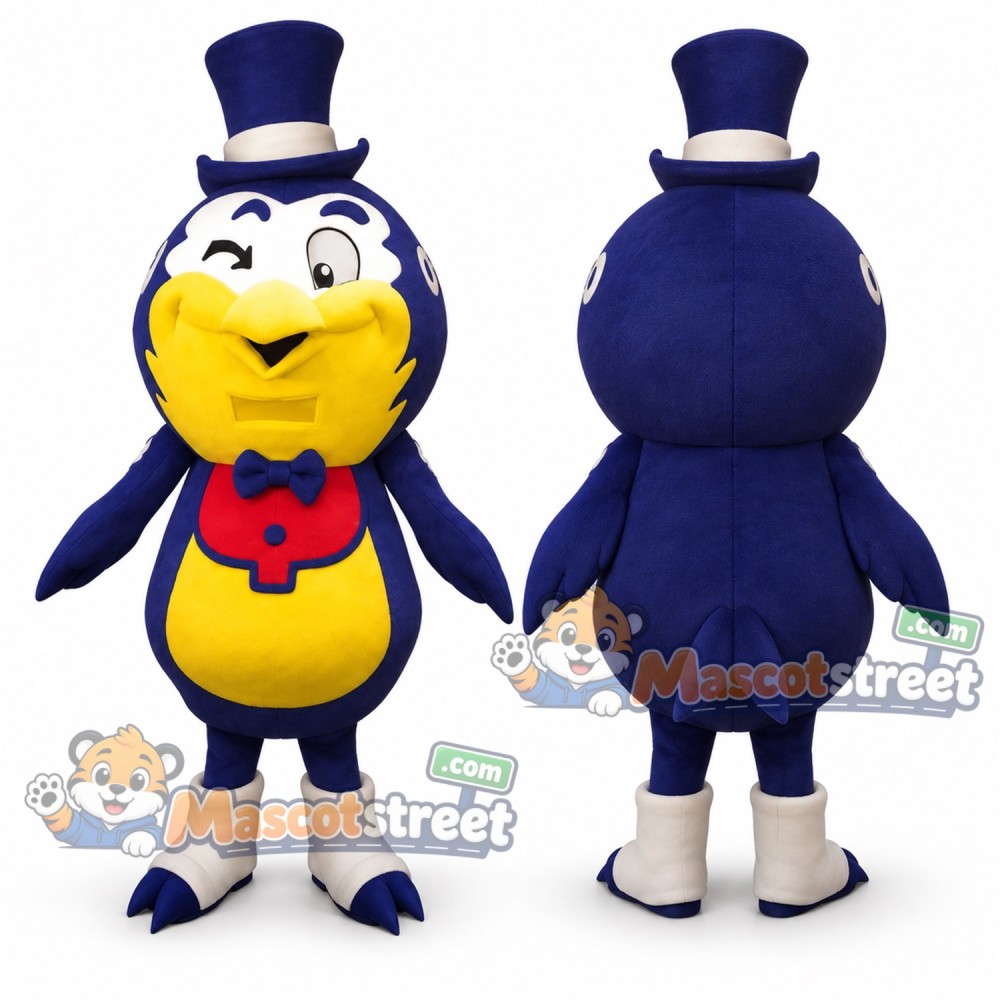 Blue Swallow Mascot Costume with Top Hat and Red Bow Tie