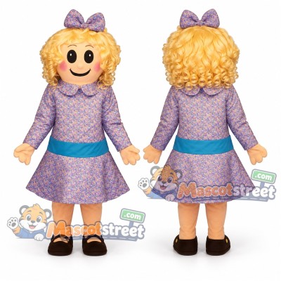 Blonde Doll Mascot Costume with Purple Dress and Bow Blonde Doll Mascot Costume with Purple Dress and Bow