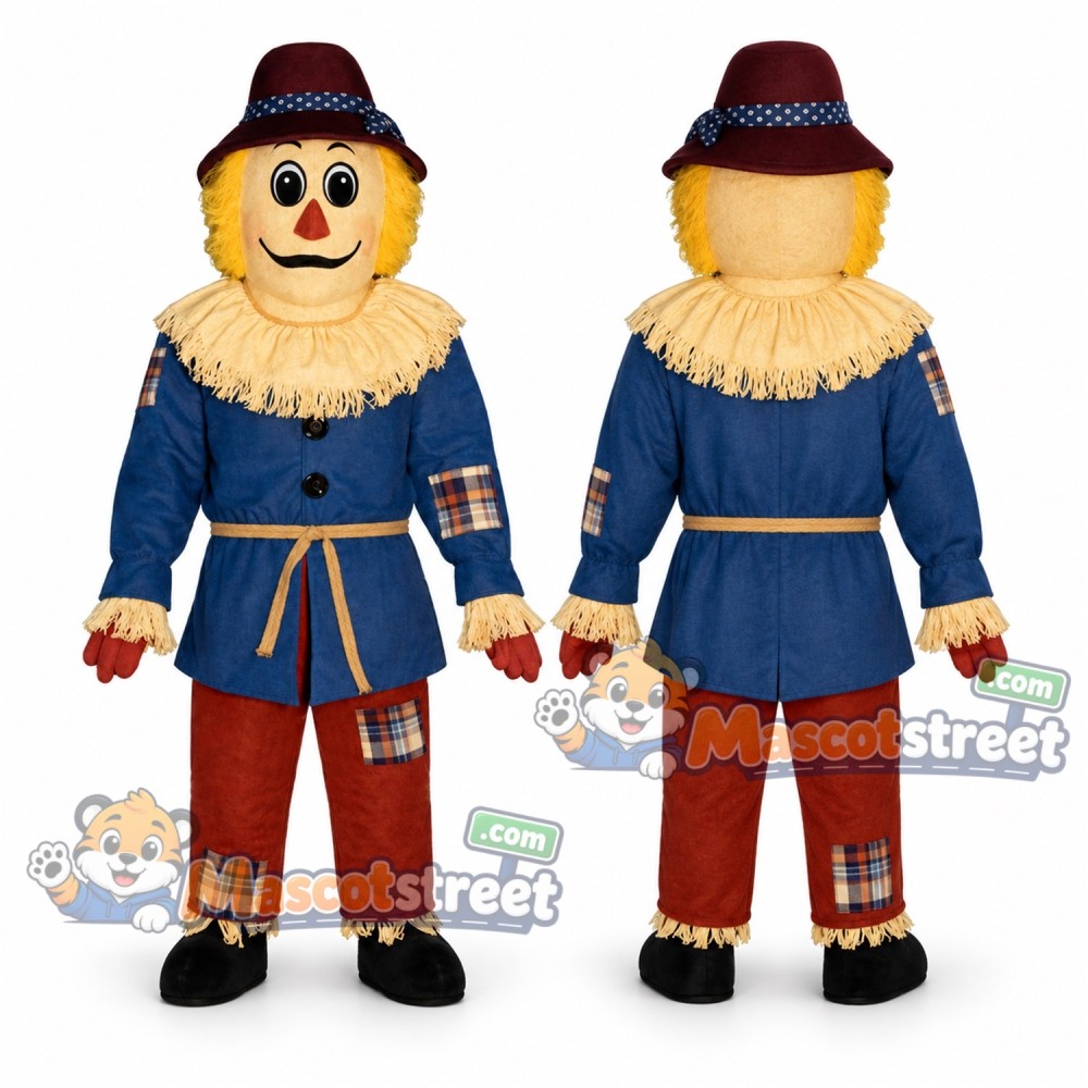 Scarecrow Mascot Costume with Blue Tunic and Burgundy Hat Scarecrow Mascot Costume with Blue Tunic and Burgundy Hat