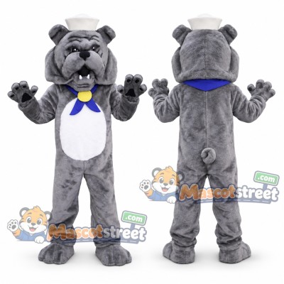 Gray Bulldog Mascot Costume with Blue Bow Tie and Sailor Hat Gray Bulldog Mascot Costume with Blue Bow Tie and Sailor Hat