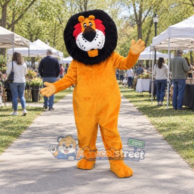 Orange Lion Mascot Costume with Black Mane and Floral Bow