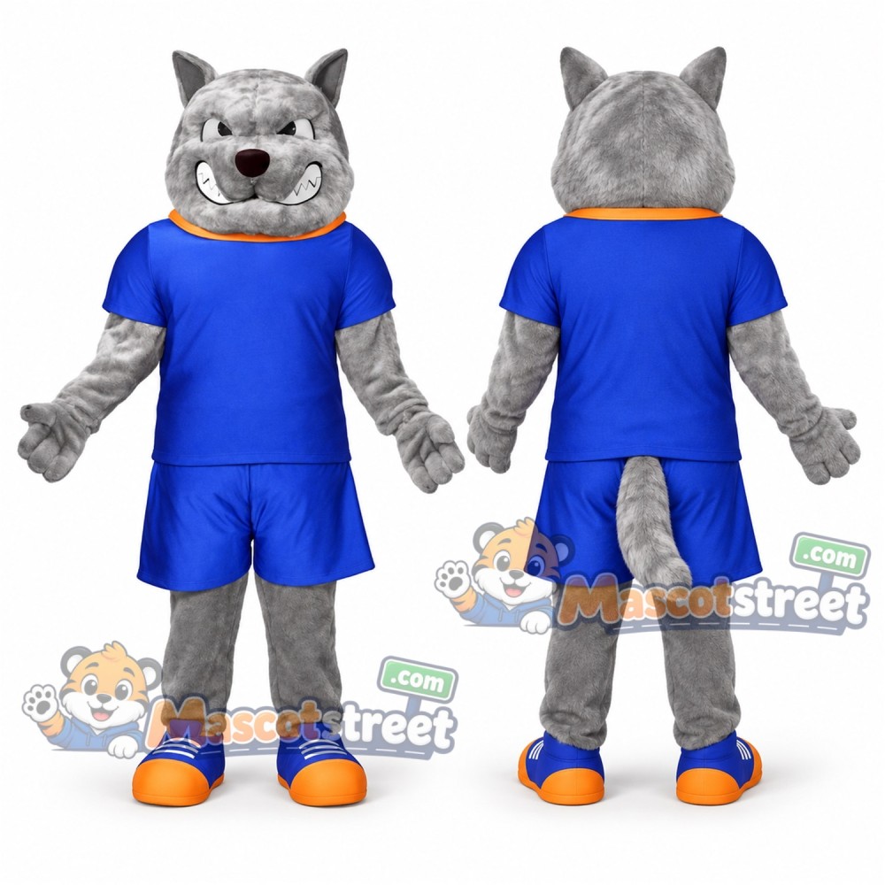 Gray Dog Mascot Costume with Blue Sports Uniform
