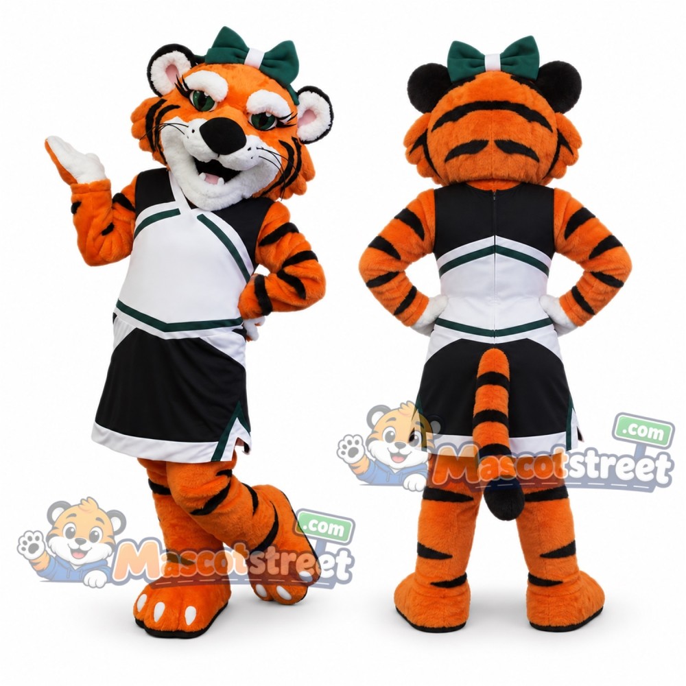 Orange Tiger Mascot Costume with Black Cheerleader Uniform Orange Tiger Mascot Costume with Black Cheerleader Uniform