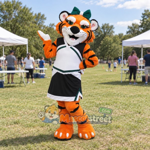 Orange Tiger Mascot Costume with Black Cheerleader Uniform