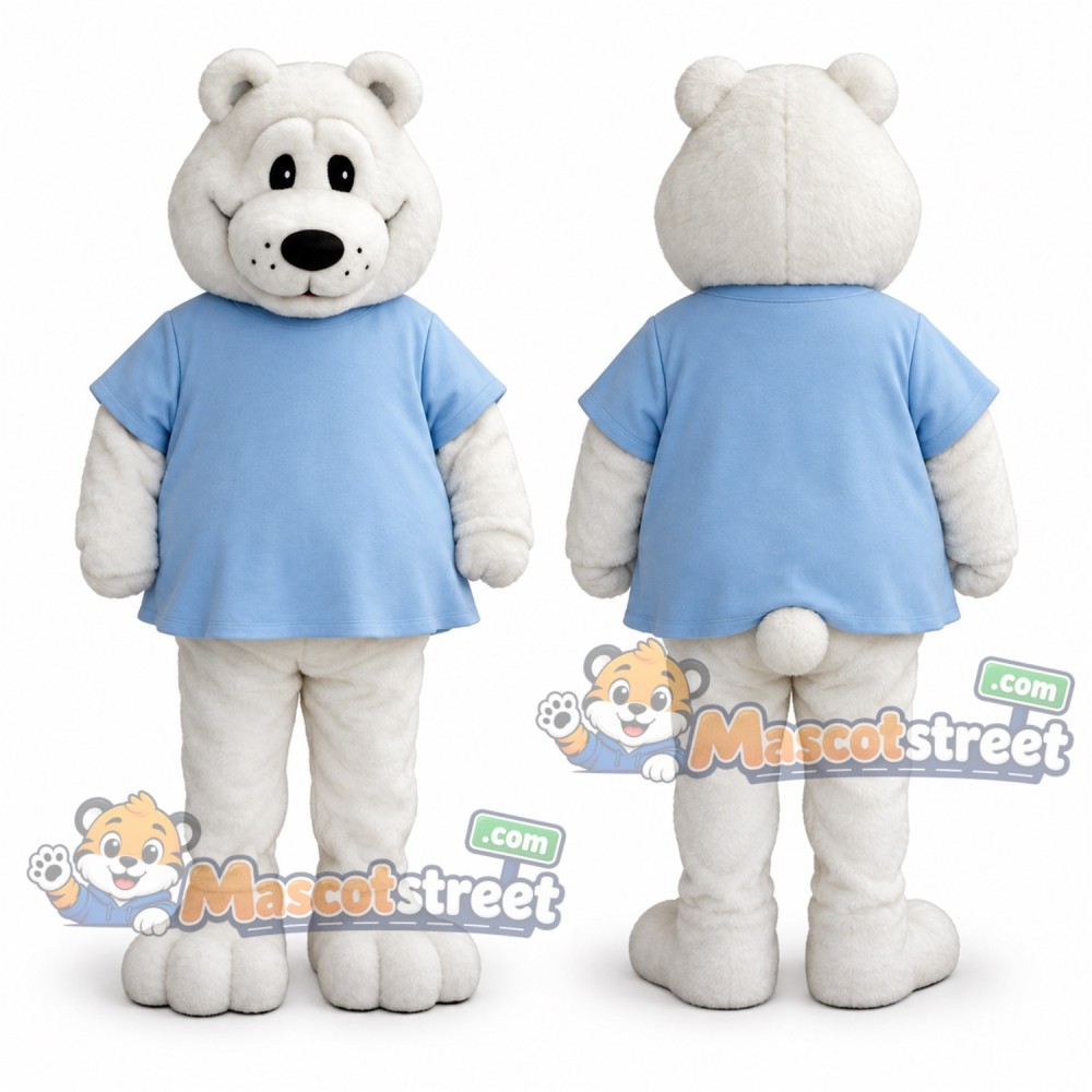 Polar Bear Mascot Costume with Light Blue Shirt