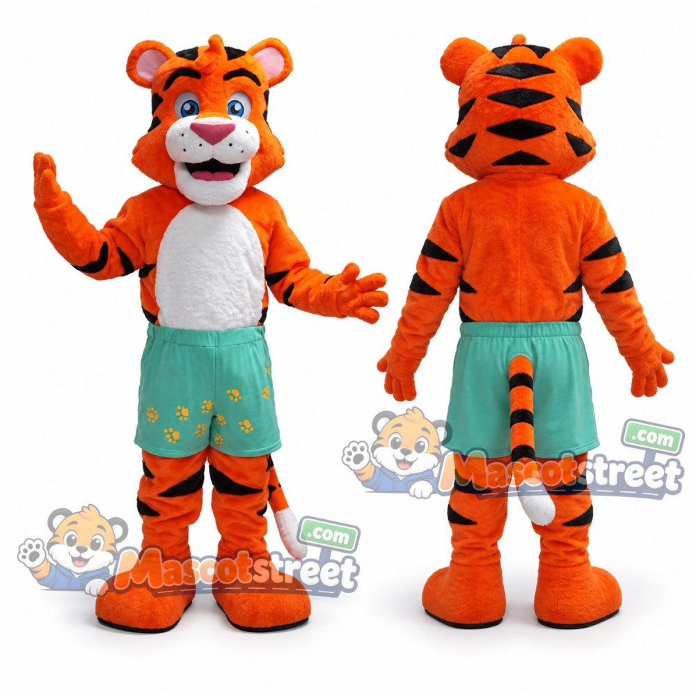 Orange Tiger Mascot Costume with Green Floral Shorts