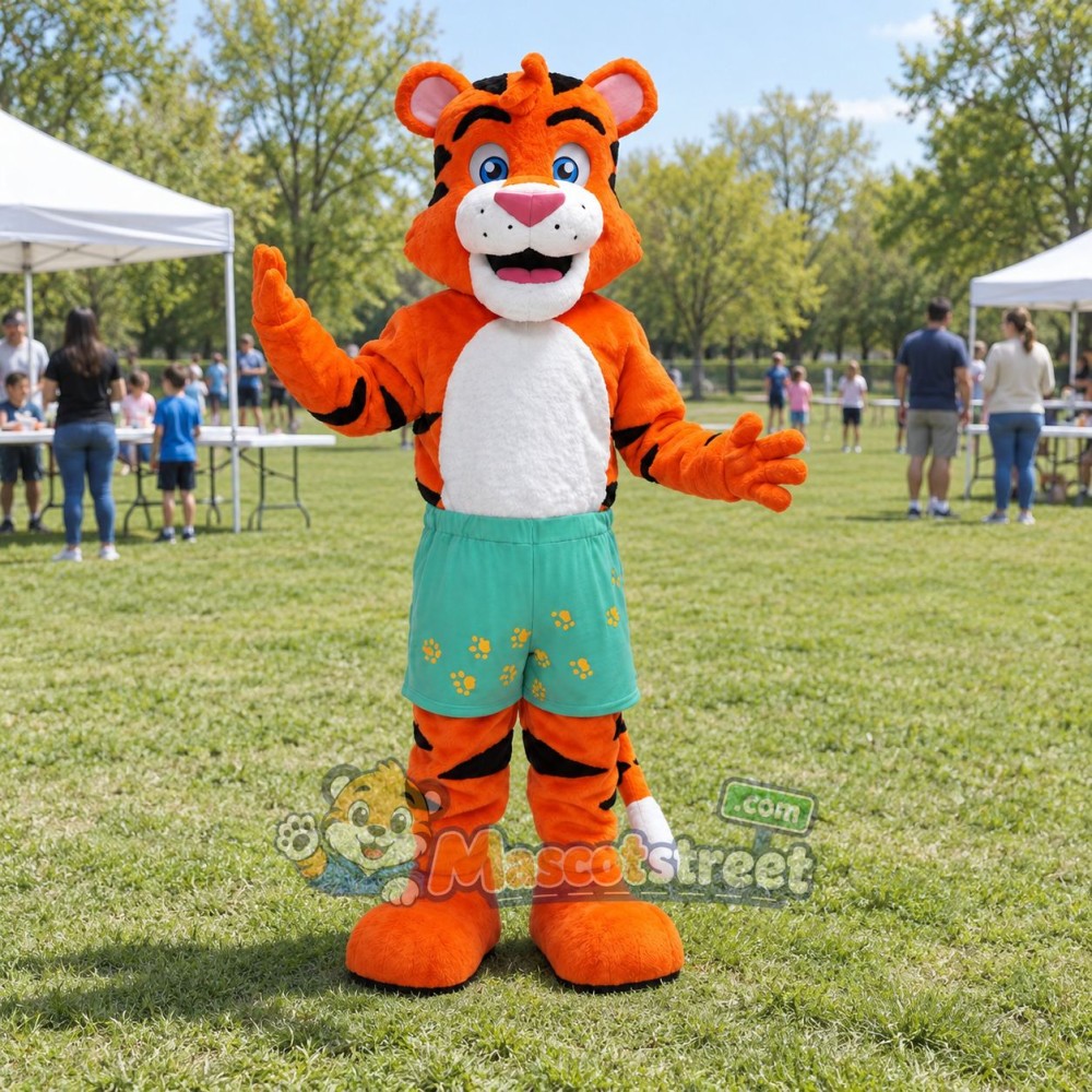 Orange Tiger Mascot Costume with Green Floral Shorts