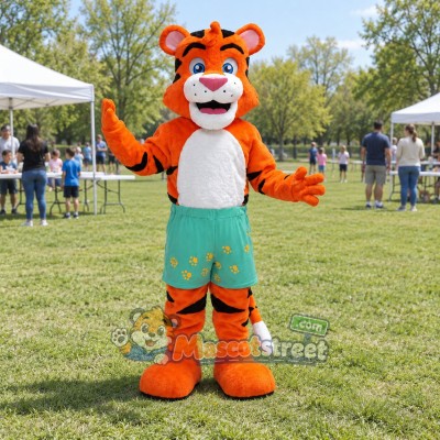Orange Tiger Mascot Costume with Green Floral Shorts