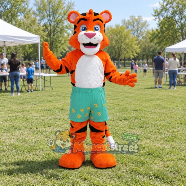 Orange Tiger Mascot Costume with Green Floral Shorts