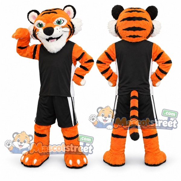 Orange Tiger Mascot Costume with Black Sports Uniform