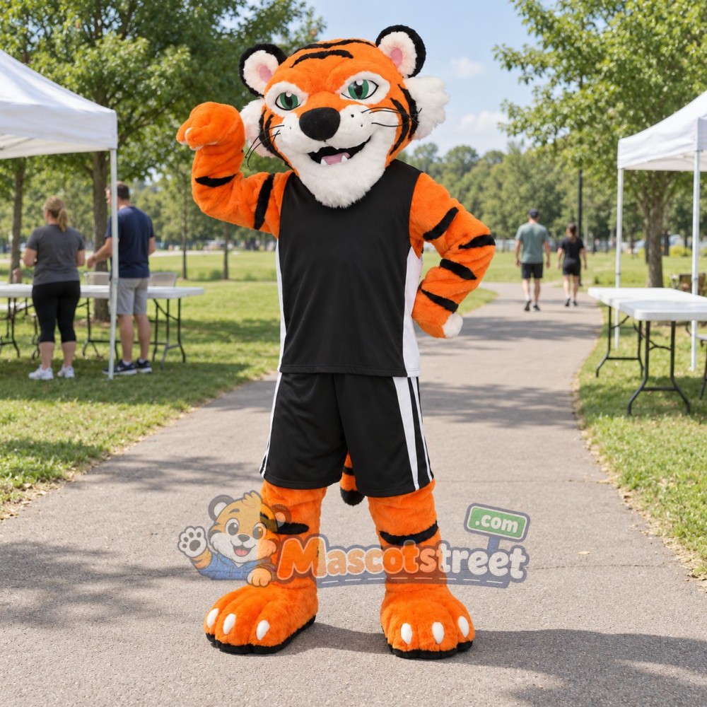 Orange Tiger Mascot Costume with Black Sports Uniform