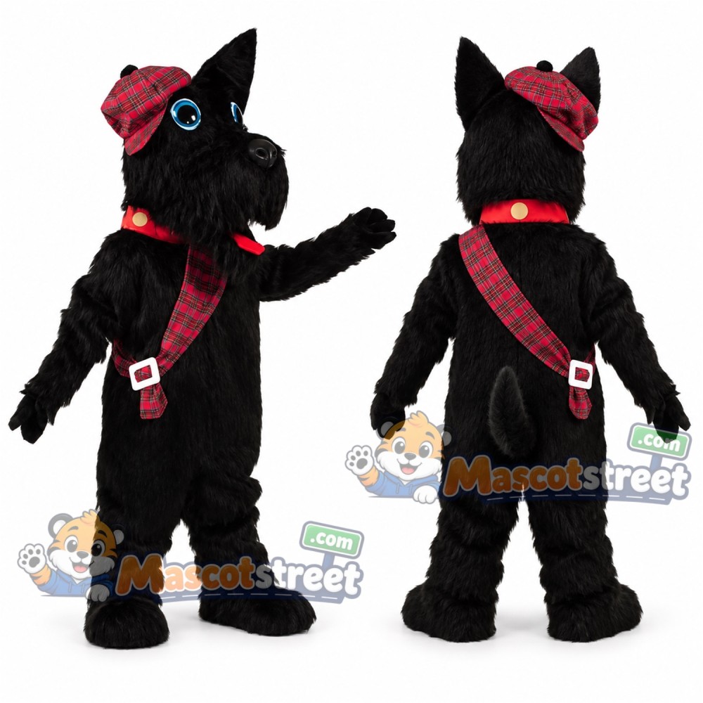 Black Scottish Terrier Dog Mascot Costume with Red Tartan Sash