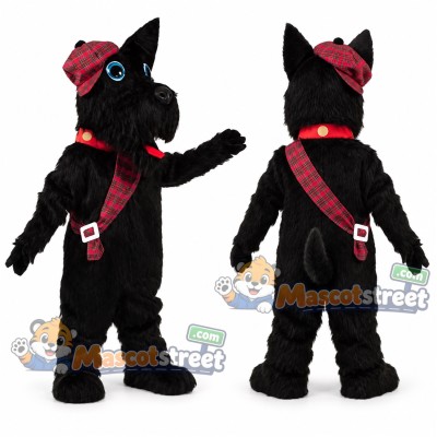 Black Scottish Terrier Dog Mascot Costume with Red Tartan Sash