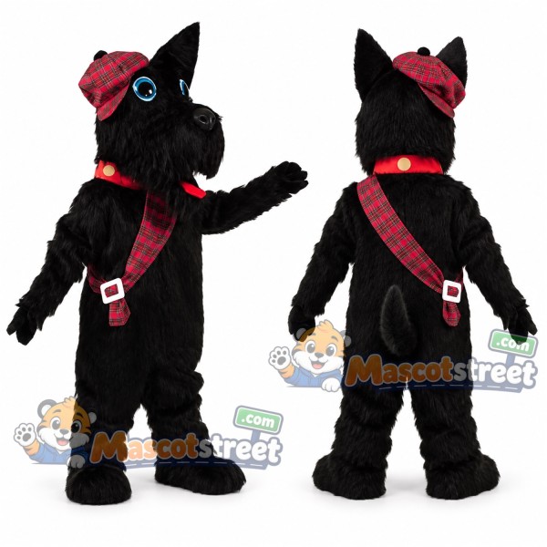 Black Scottish Terrier Dog Mascot Costume with Red Tartan Sash