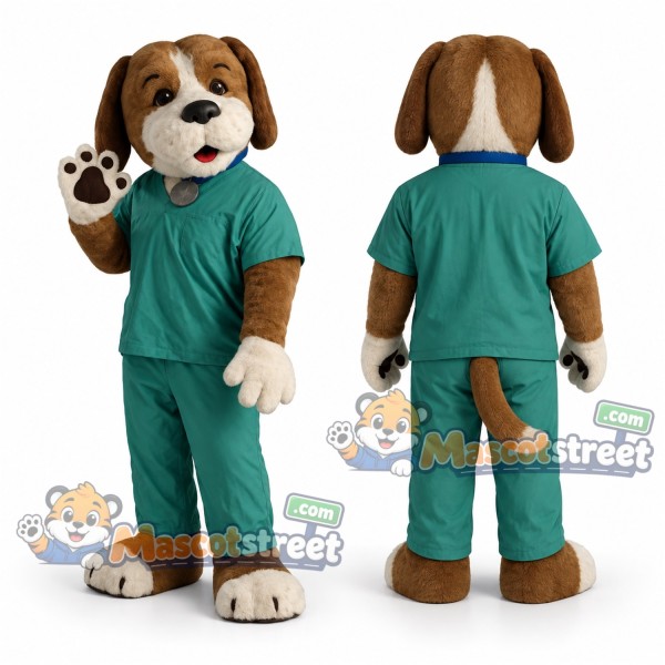 Brown and White Dog Mascot Costume with Teal Medical Scrubs