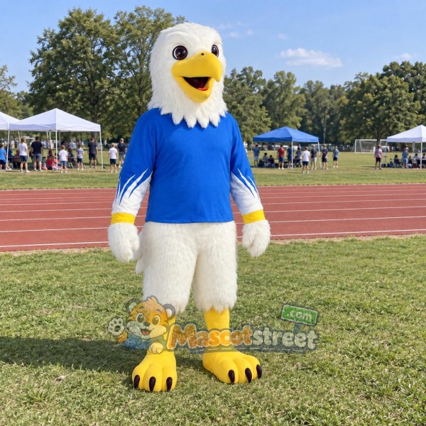 White Eagle Mascot Costume with Blue Shirt