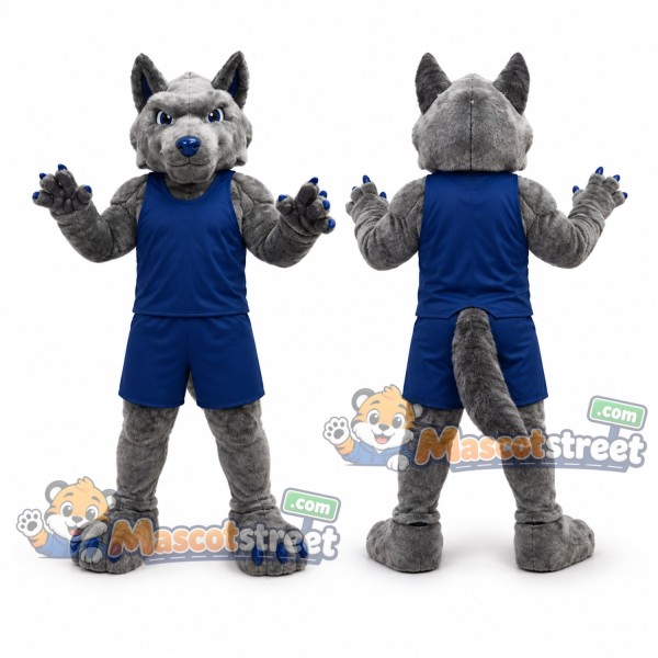 Gray Wolf Mascot Costume with Blue Sports Uniform