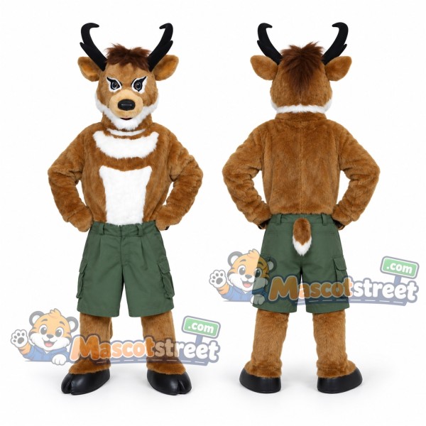Brown Deer Mascot Costume with Green Shorts and Suspenders