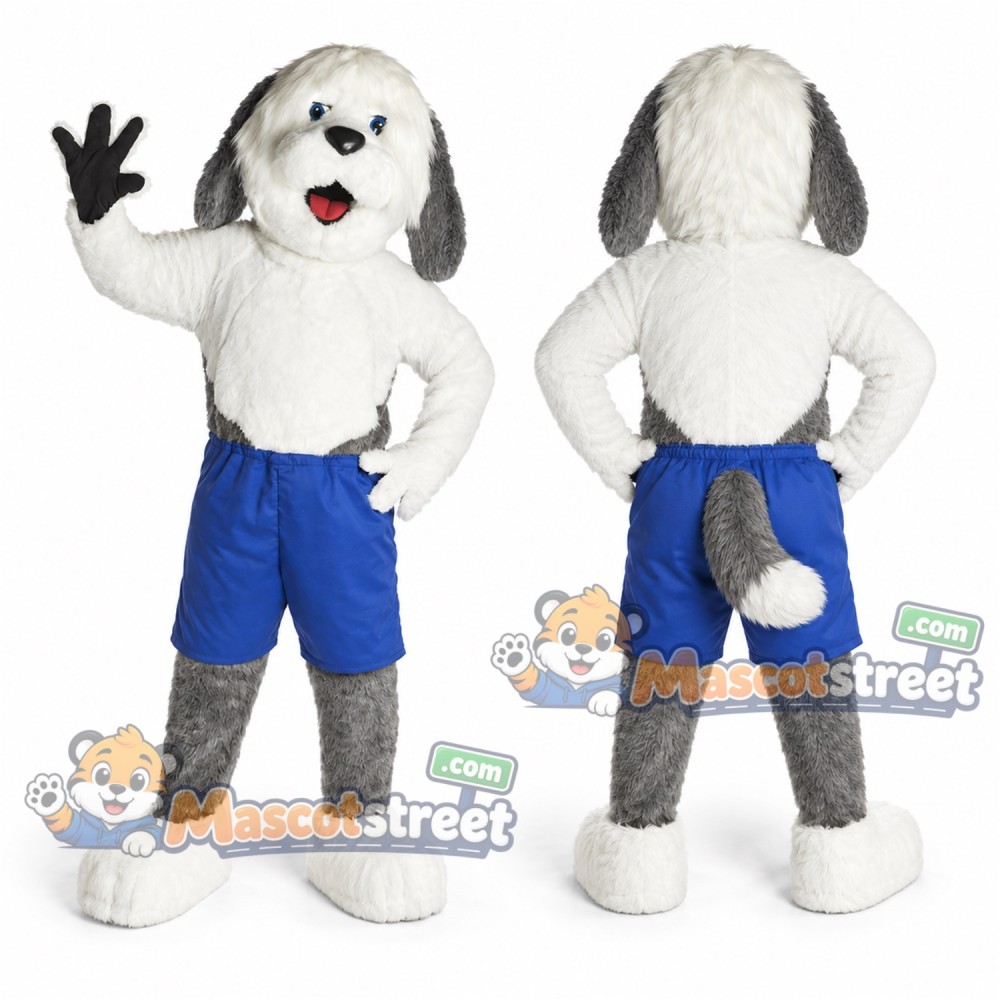 Gray and White Sheepdog Mascot Costume with Blue Shorts Gray and White Sheepdog Mascot Costume with Blue Shorts