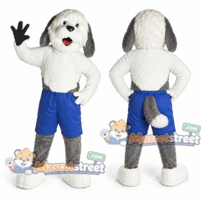 Gray and White Sheepdog Mascot Costume with Blue Shorts Gray and White Sheepdog Mascot Costume with Blue Shorts