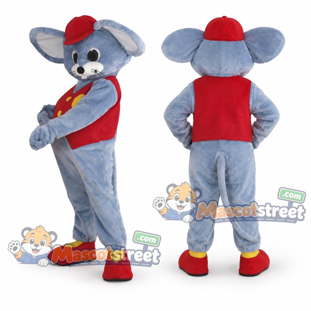 Blue Mouse Mascot Costume with Red Vest and Cap