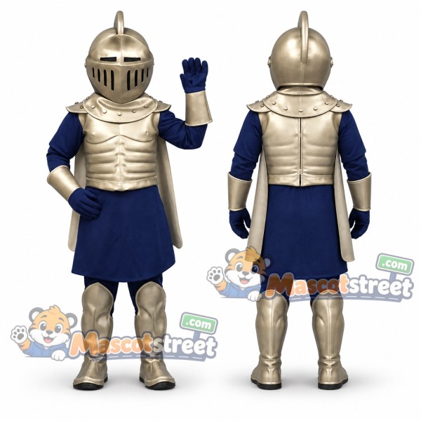 Knight Mascot Costume with Silver Armor and Navy Tunic