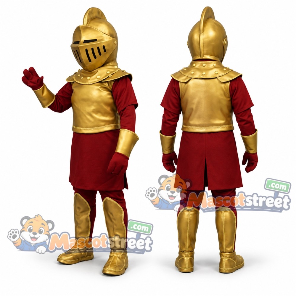 Knight Mascot Costume with Gold Armor and Burgundy Tunic