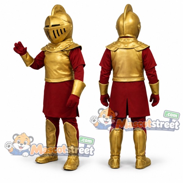 Knight Mascot Costume with Gold Armor and Burgundy Tunic